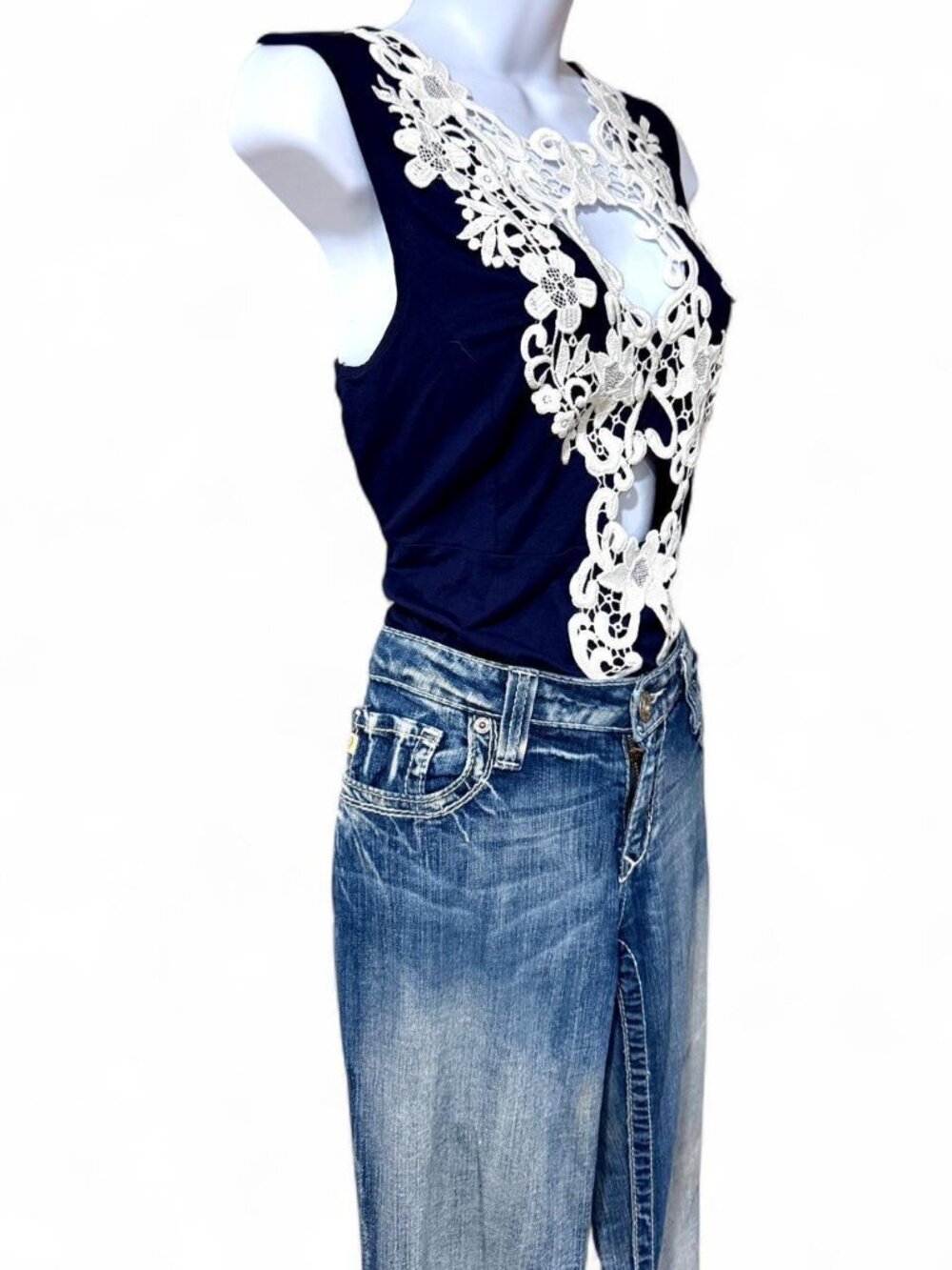 Venus Navy and White Lace Bodysuit M